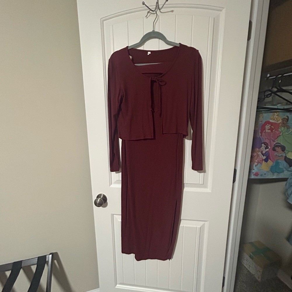 Burgundy Dress with matching cropped sweater
